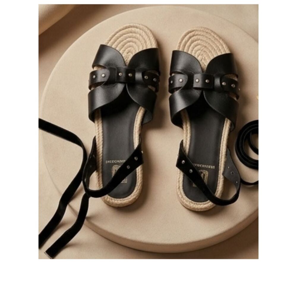 Bruno Magli Black Leather Lace Up Espadrille Sandals Velvet Straps Sz 8